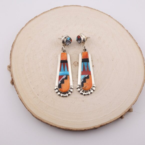 Handcrafted Native American Zuni Sun Face Inlay‎ Spiny Oyster Dangle Earrings ** - Picture 10 of 12